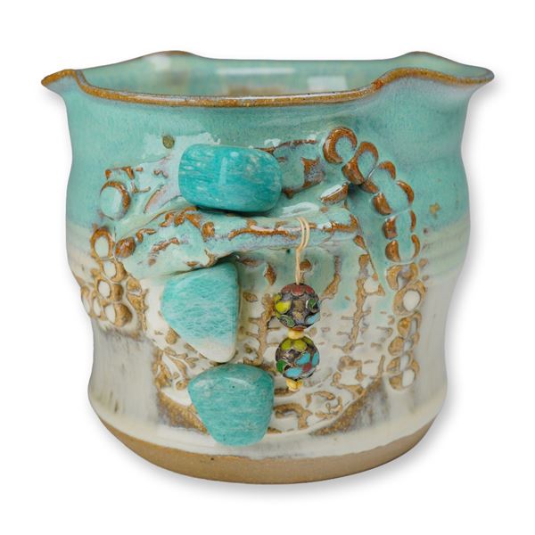 Adele Feinstein Studio Pottery Decorative Vessel with Amazonite and Beads