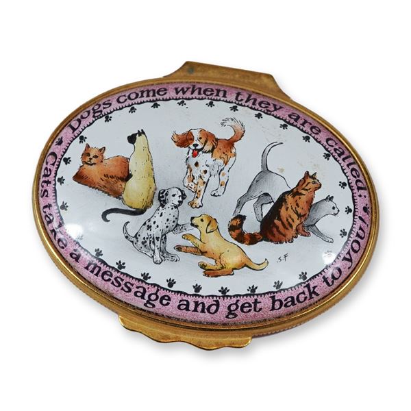 Halcyon Days Enamels Gumps Exclusive Cats and Dogs Oval Trinket Box