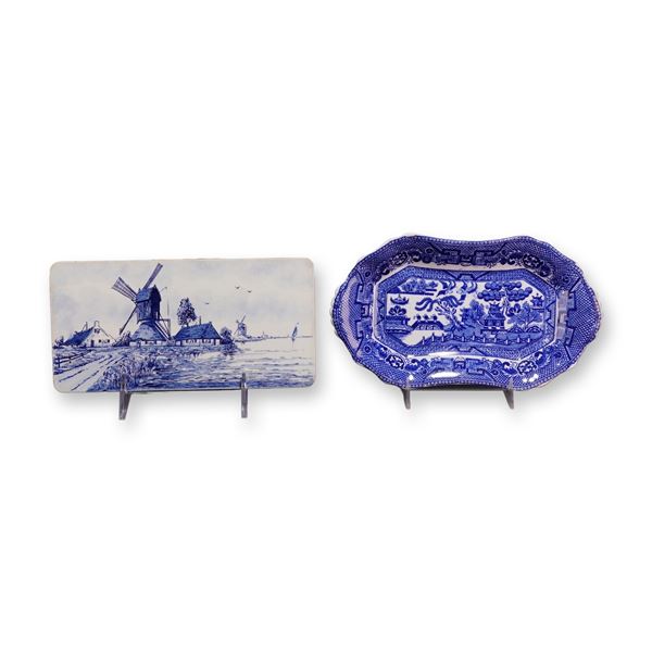 2pc Blue and White Belgian Windmill Plaque and Allertons Willow Pattern Dish