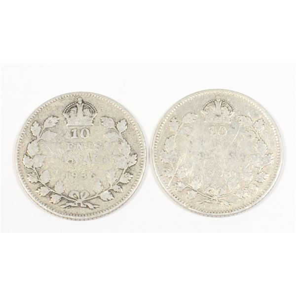 #59 1928 1936 10 Cents Canada Silver Coins Lot