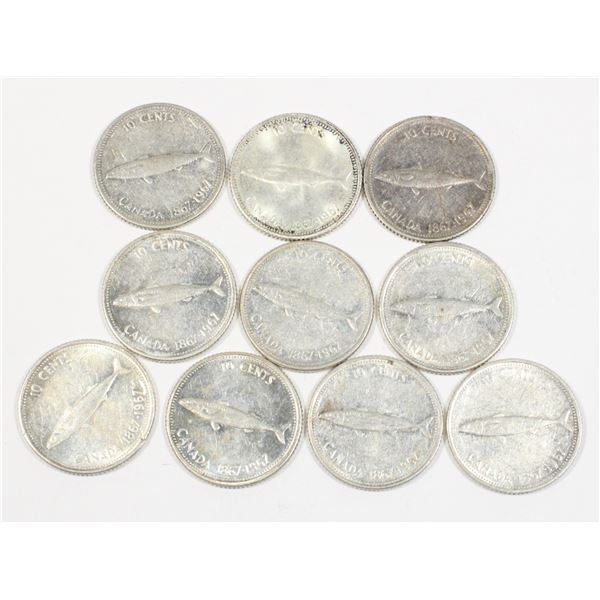 #61 1967 10 Cent Silver Dimes Canada Lot of 10