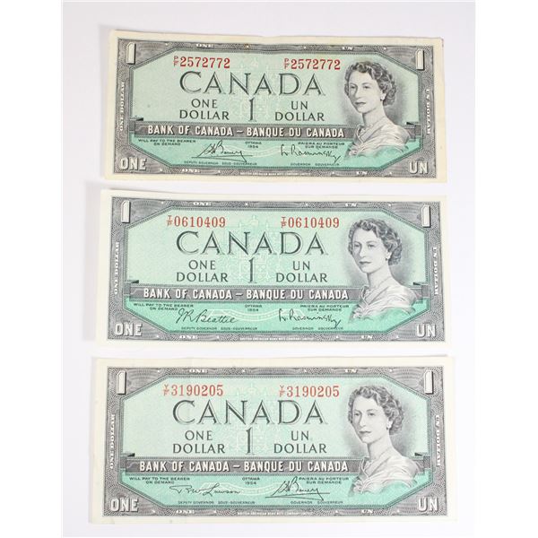 #76 1954 Canada $1 One Dollar Bill QEII Lot of 3