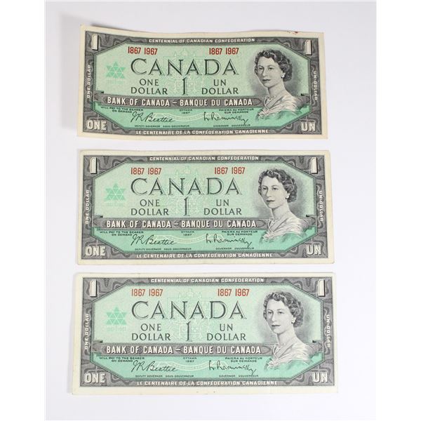 #77 1967 Canada $1 One Dollar Bill QEII Lot of 3