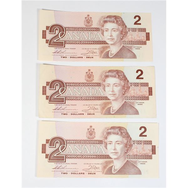 #79 1986 Canada $2 Two Dollar Bill QEII Lot of 3