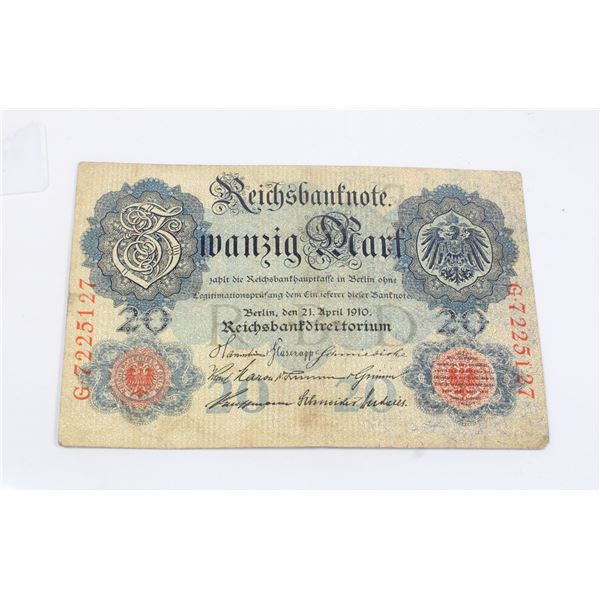 #81 1910 Germany 20 Reichsmarks Banknote Bill