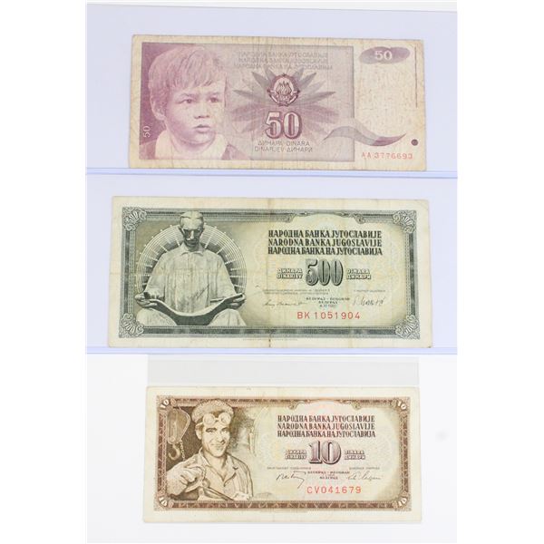 #94 Yugoslavia 10 50 500 Dinara Banknotes