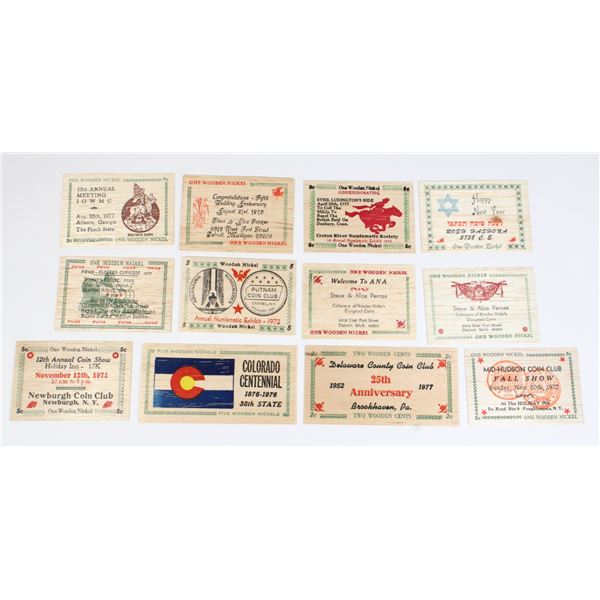 #98 Lot of 12 Wooden Money Tokens Assorted USA