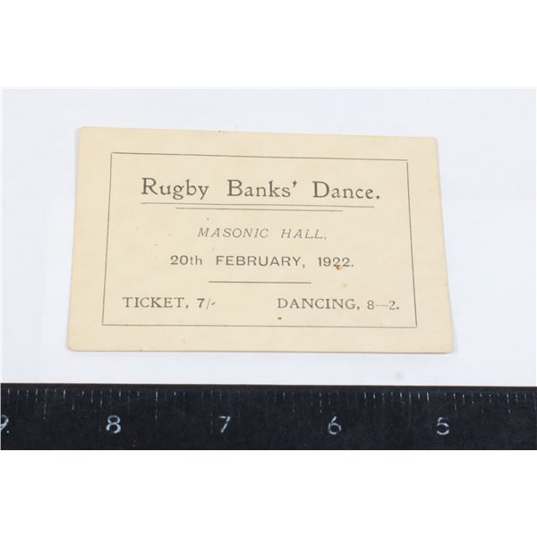 #835  Masonic Hall Rugby Banks Dance Card 1922