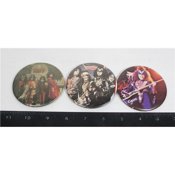 #918 3 1970's KISS Band Buttons Large Size