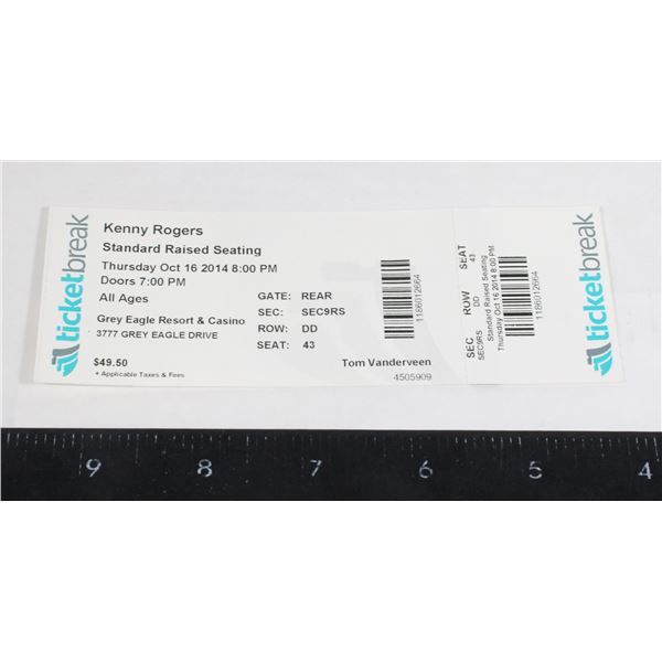 #934 Kenny Rogers October 2014 Ticket Stub