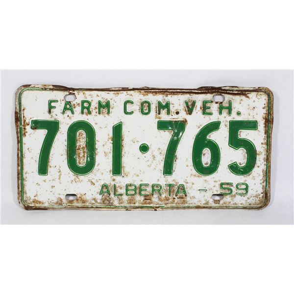 #996 1959 Alberta Farm Licence Plate 701 765