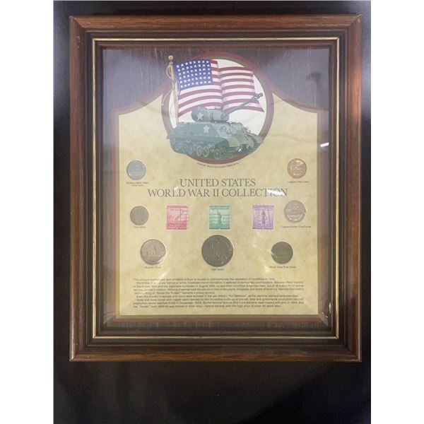 Framed United States World War II Coin and Stamp Collection, Approx 11x12 in