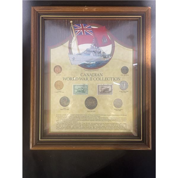 Canadian World War II Coin and Stamp Collection Framed Display, Approx 11x13 in