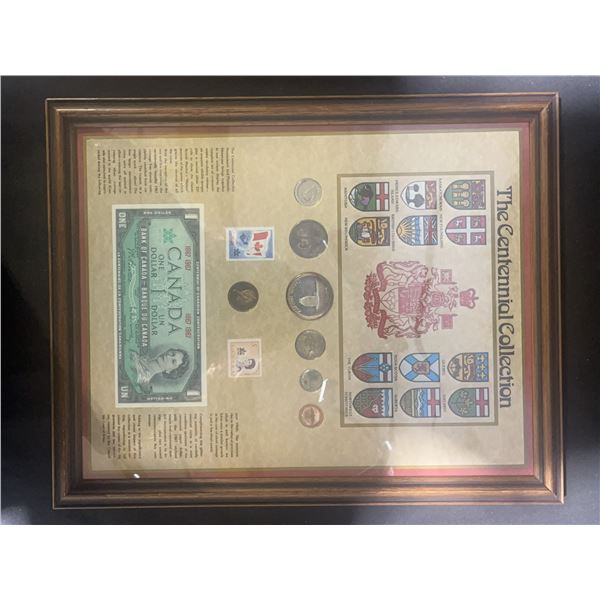 Framed The Centennial Collection 11x15-Inch Canadian Coin, Bill and Stamp Set