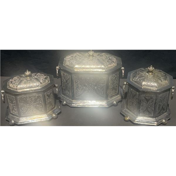 3 Engraved Silver-Plated Lidded Boxes with Middle Eastern Hallmarks
