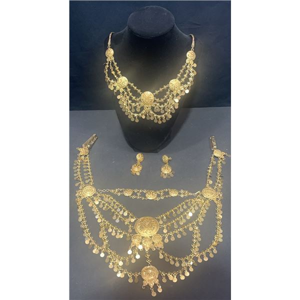Gold Plated Four Piece Jewelry Set with Necklace, Choker, Bracelet, Earrings