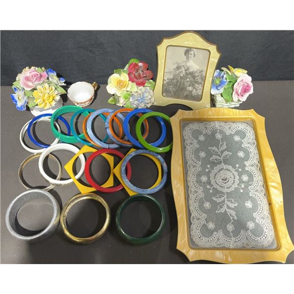 Decorative Lot: English Bone China Florals, Japanese Cup, Bangles, Photo Frame and Tray