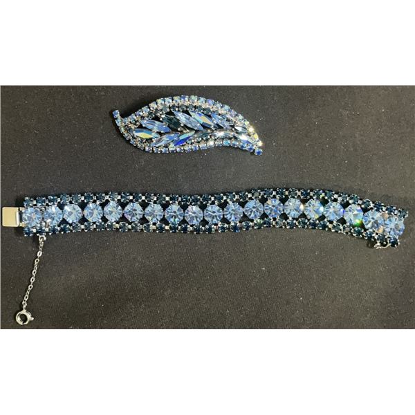 Sherman Blue Rhinestone Bracelet and Brooch Set
