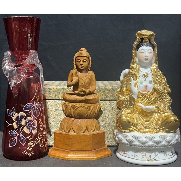 Decorative Vase, Wooden Buddha, and Porcelain Kwan Yin Trio