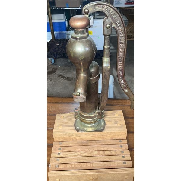 Brass Water Hand Pump Patented 1888 on Wood Base