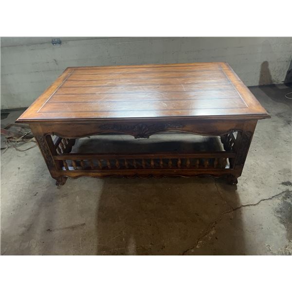 Carved Wood Rectangular Coffee Table with Shelf