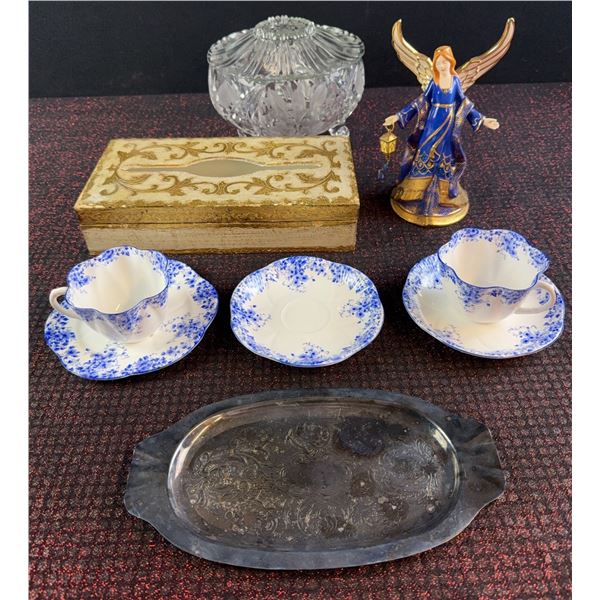 Lot: Shelley Dainty Blue Bone China, Silverplate Tray, Angel Figurine, Boxes