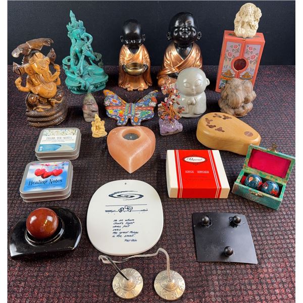 Lot: Buddha, Hindu Deities, Stones, Cards, Boxes