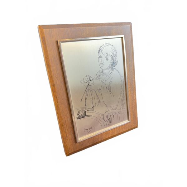 Henry Moore "Woman Knitting" Sterling Silver Etching, Franklin Mint 1975