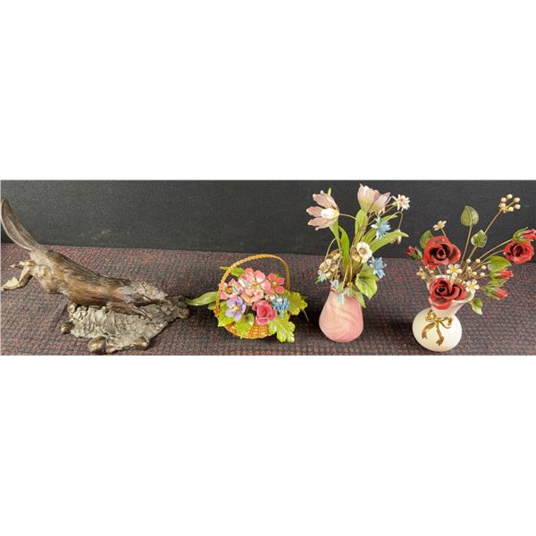 Franklin Mint Canadian Beaver and 3 metal Flower Arrangements