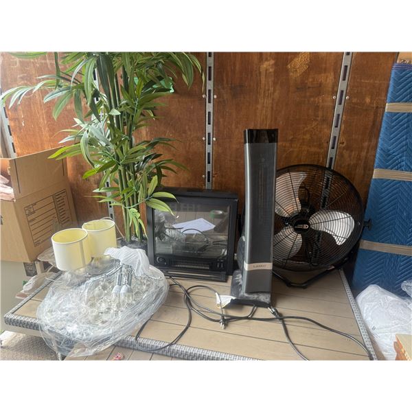 Decor & Heating Lot: Lasko Heater, Fan, Faux Fireplace, Lamps