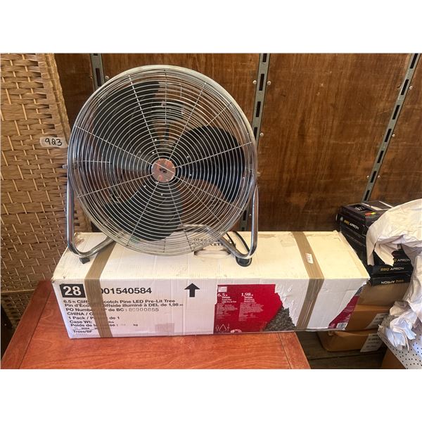 Industrial-Style Pedestal Fan and Scotch Pine Pre-Lit Tree