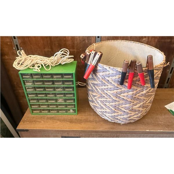 Craftsman Parts Cabinet, Jumper Cables, Rope, and Woven Basket