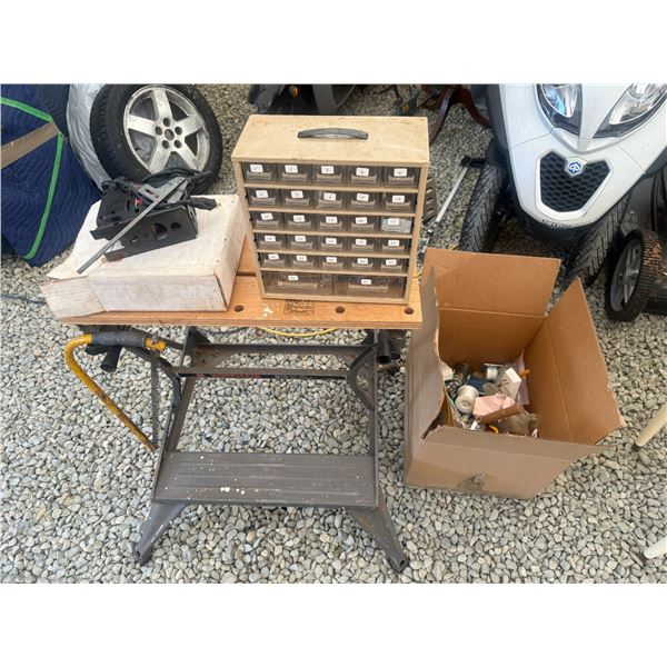 Lot of Assorted Workshop Supplies, Parts Organizer & Black & Decker Workmate