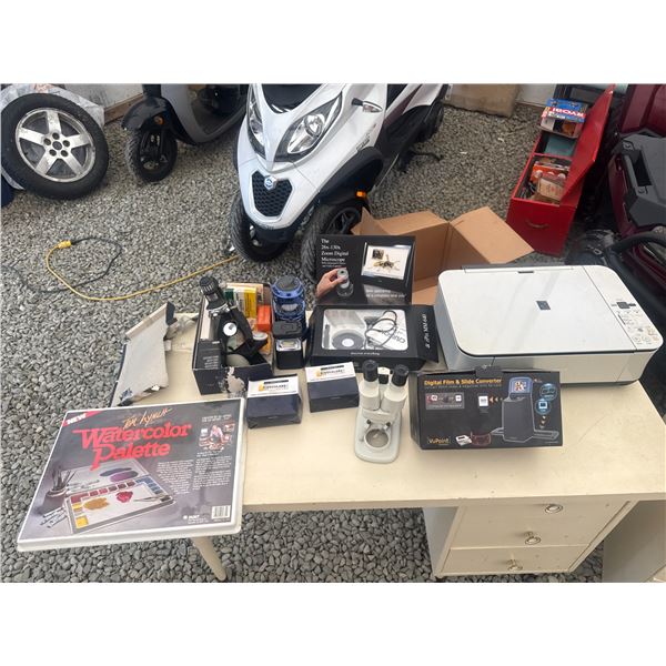 Electronics and Craft Lot: Microscopes, Film Converter, Watercolor Palette, Printer