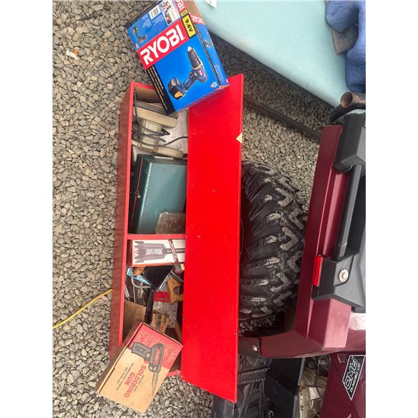 Weller Soldering Gun, Ryobi 9.6V Drill, & Red Wooden Toolbox with Miscellaneous Tools