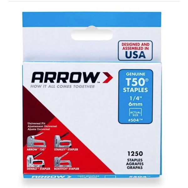 Arrow T50 Staples 1/4" 1250 Count, Lot of 5