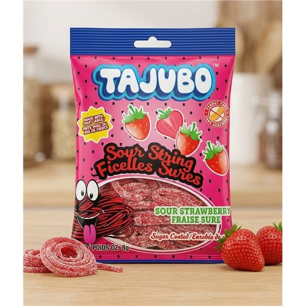 Tajubo Sour Strawberry String Sweets, 12 Pack