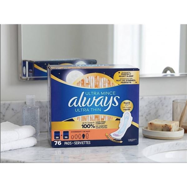 Always Ultra Thin Overnight Pads, 76 Ct