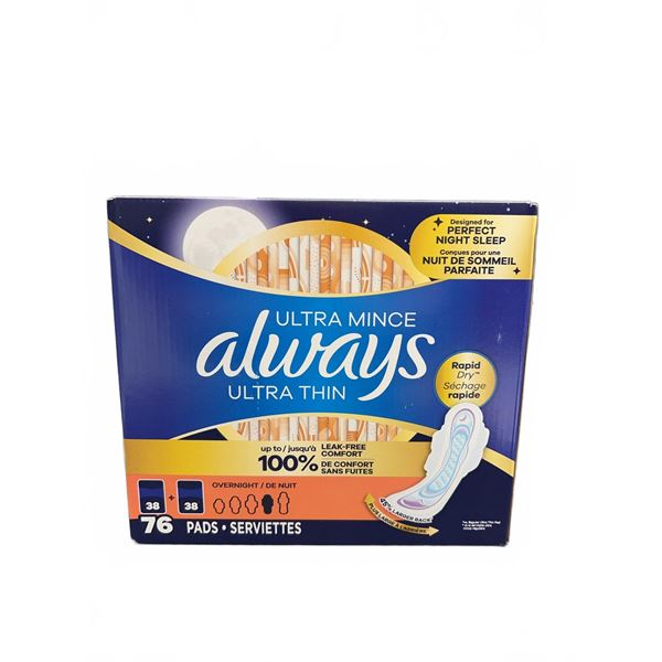 Always Ultra Thin Overnight Pads, 76 Count