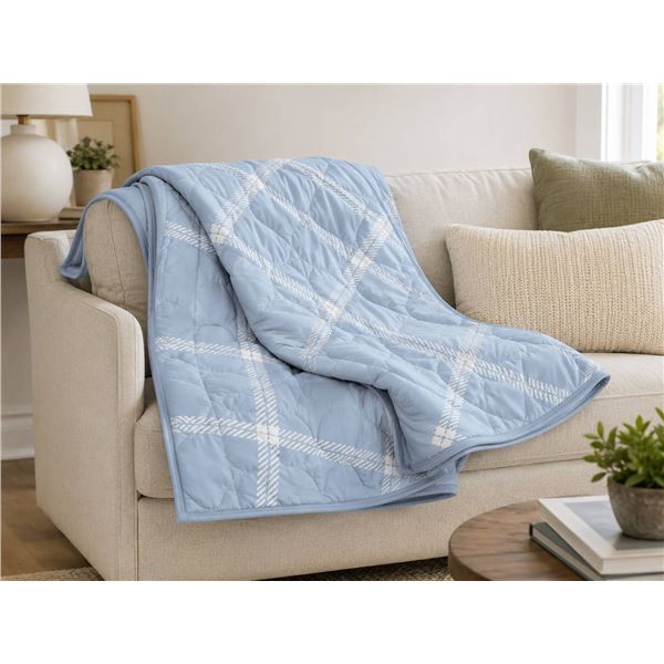 Light Blue Quilted Blanket with Plaid Pattern