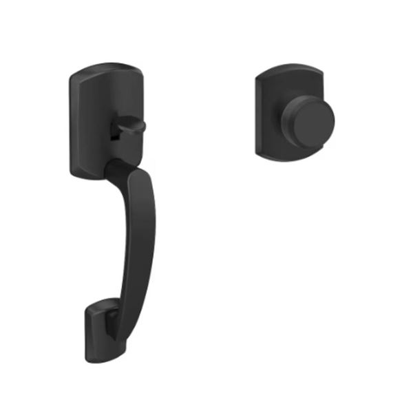 Schlage Greenwich Matte Black Lower Half Entry Exterior Door Handleset and Bowery Door Knob with Gre