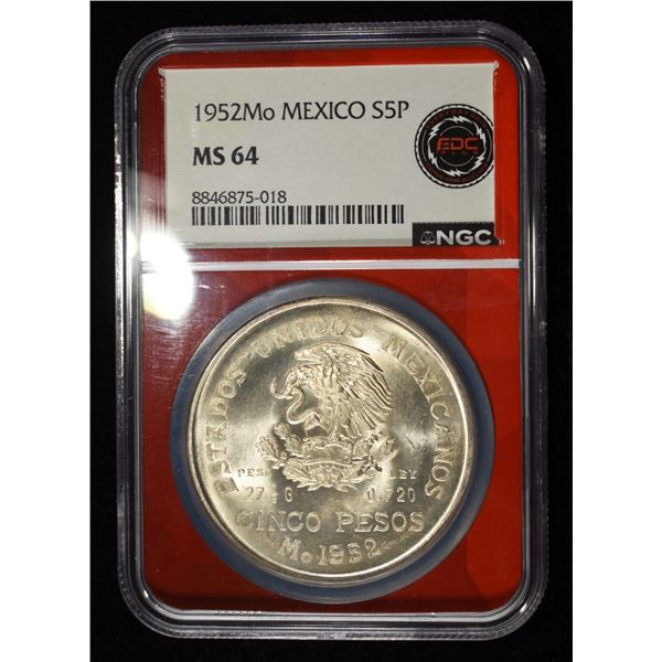 1952 5 PESOS MEXICO 72% SILVER NGC MS64