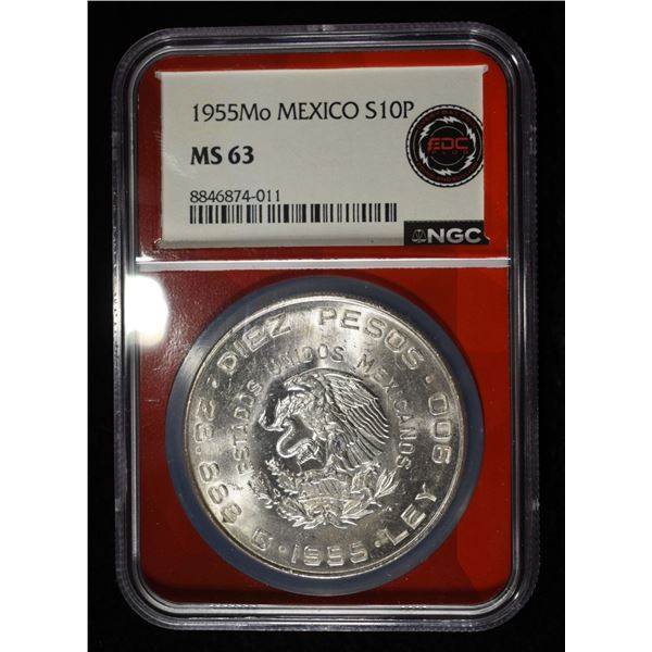 1955 10 PESOS MEXICO 90% SILVER NGC MS63