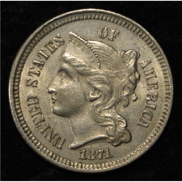 1871 3 CENT NICKEL AU