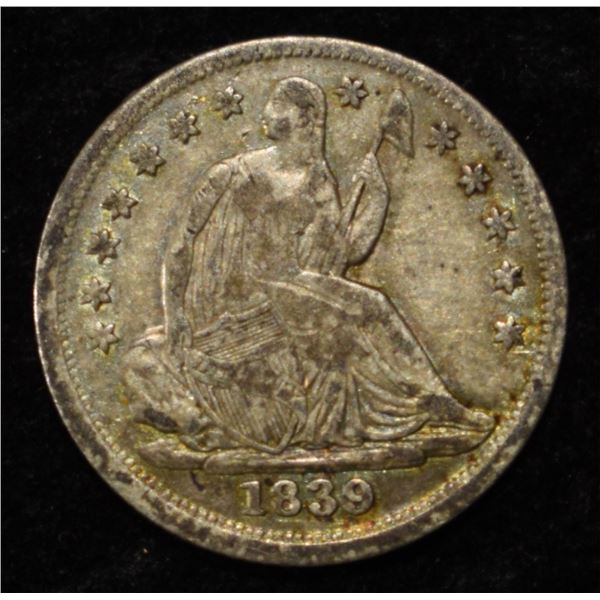 1839 NO DRAPERY SEATED LIBERTY HALF DIME VF/XF