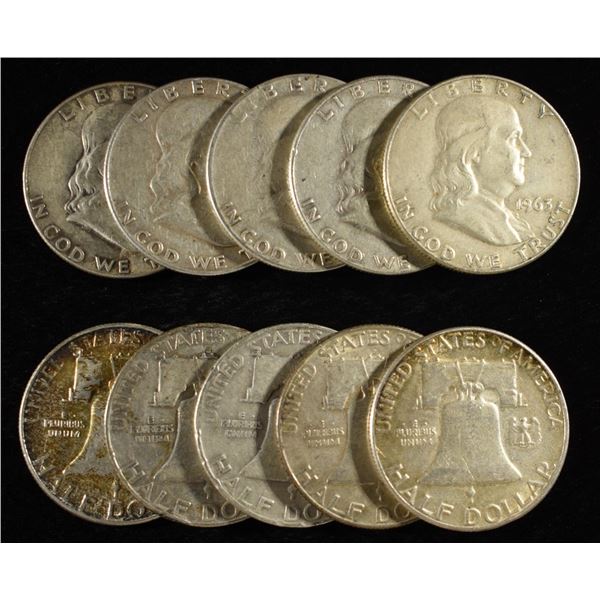 (10) 90% SILVER FRANKLIN HALF DOLLARS