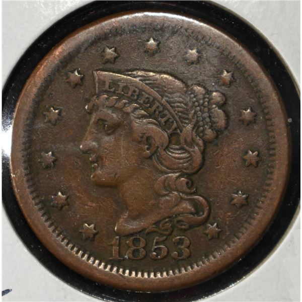 1853 BRAIDED HAIR LARGE CENT XF