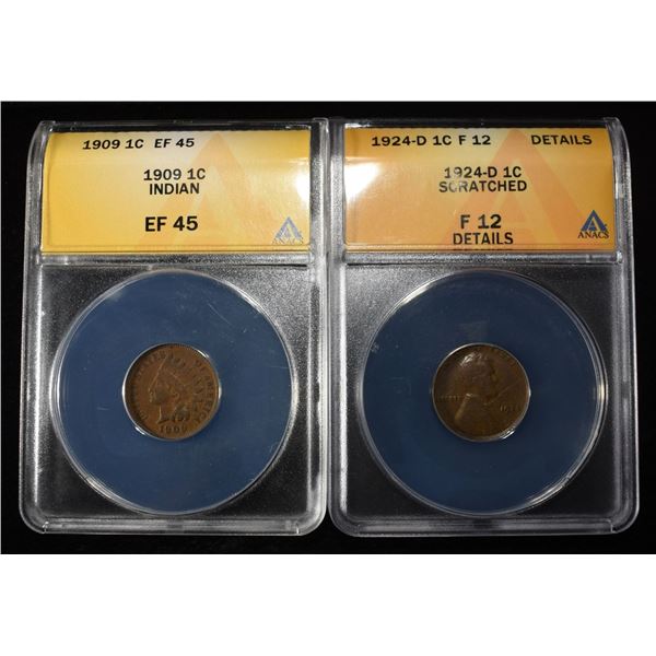 1909 INDIAN & 1924-D WHEAT CENTS ANACS F12-EF45