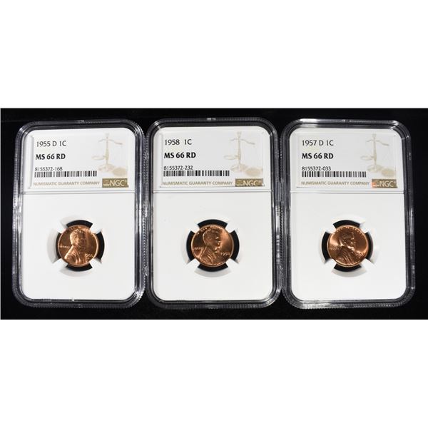 1955-D, 1957-D & 1958 WHEAT CENT NGC MS66 RD