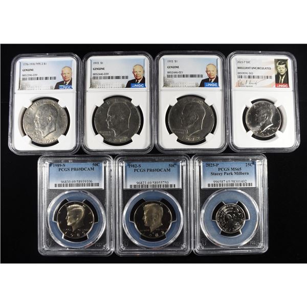 (1) GRADED 25C, (3) GRADED 50C & (3) GRADED $1